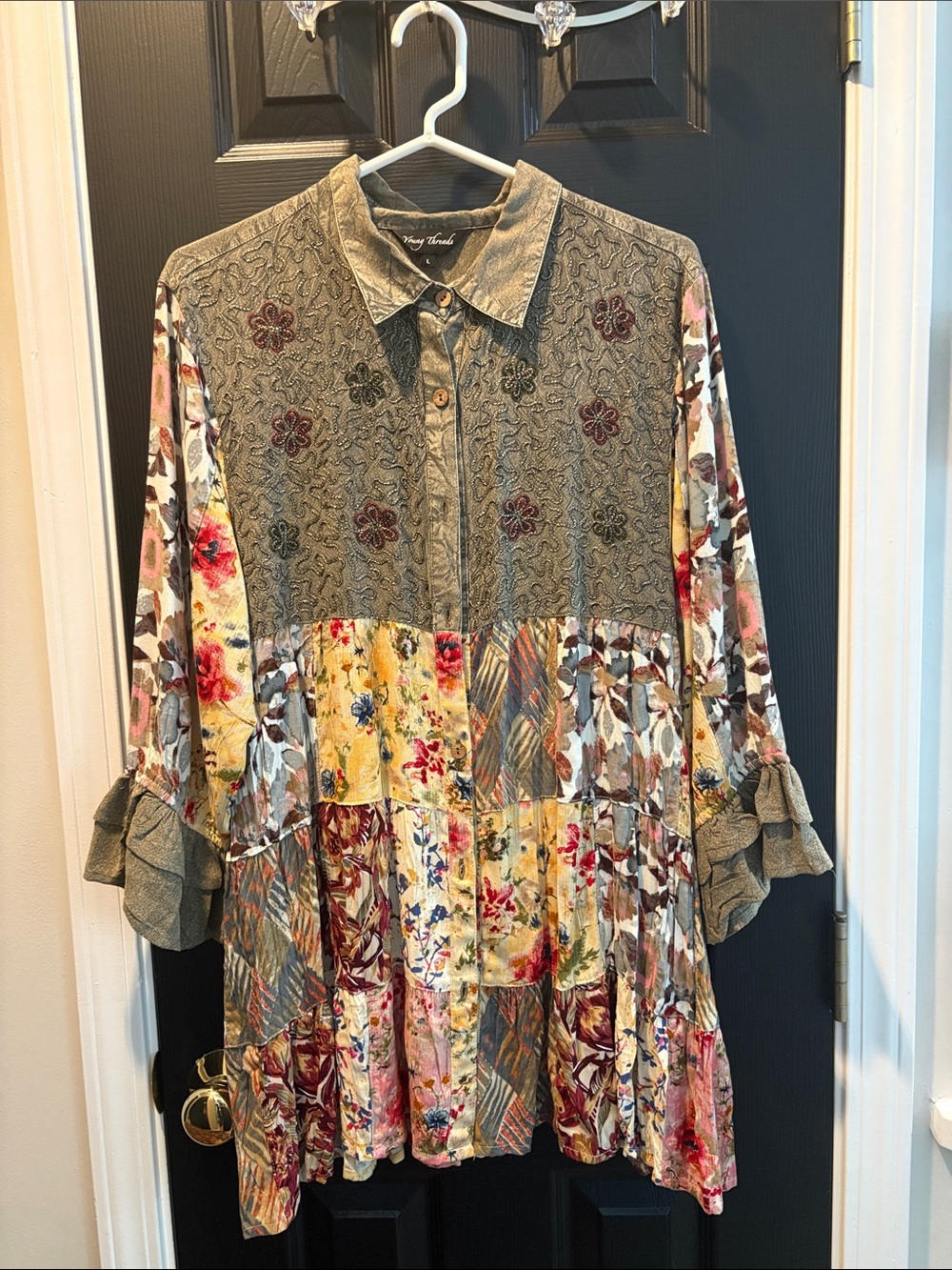 Young Threads Boutique Boho Blouse Patchwork Embroidered Top L